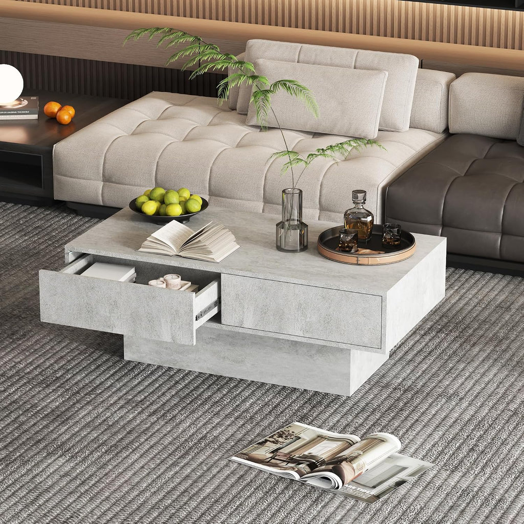 HedoAjim LED Coffee Table with 2 Storage Drawers for Living Room, Center Middle Table Modern Cocktail Table Tea Tables, Mid Century Rectangular Wood Coffee Table Home Office Waiting Room, Grey