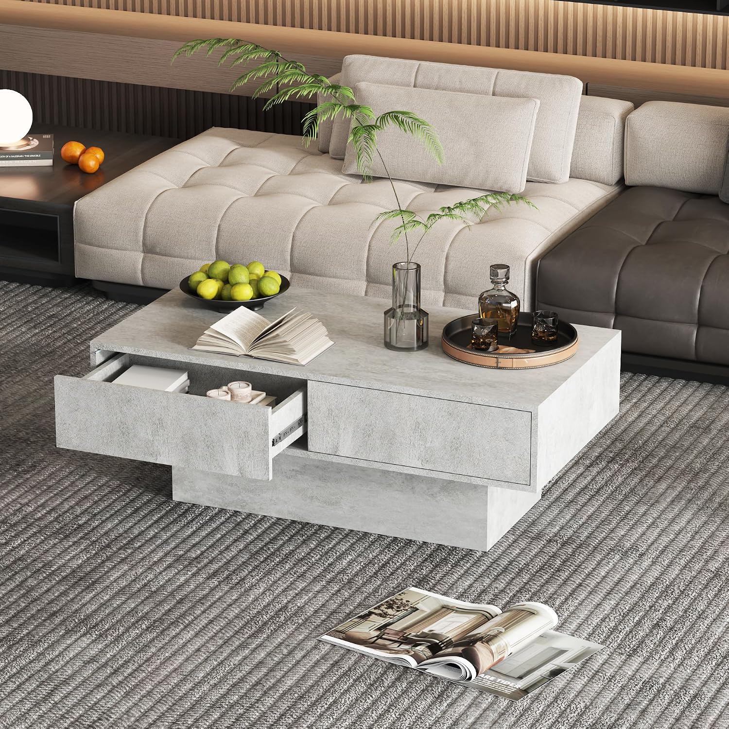 HedoAjim LED Coffee Table with 2 Storage Drawers for Living Room, Center Middle Table Modern Cocktail Table Tea Tables, Mid Century Rectangular Wood Coffee Table Home Office Waiting Room, Grey