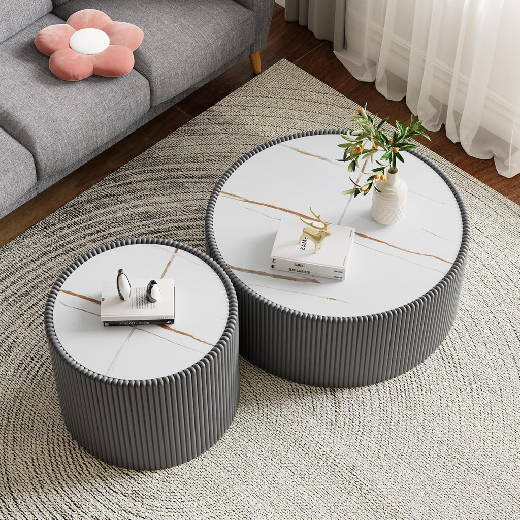 Round Coffee Table Set with Sintered Stone Tabletop, 29.52' Grey Drum Center Table and 17.71' Grey Coffee Table Set, 2 Pieces Living Room Table Set with Fluted PU Leather Cover& Stable Base