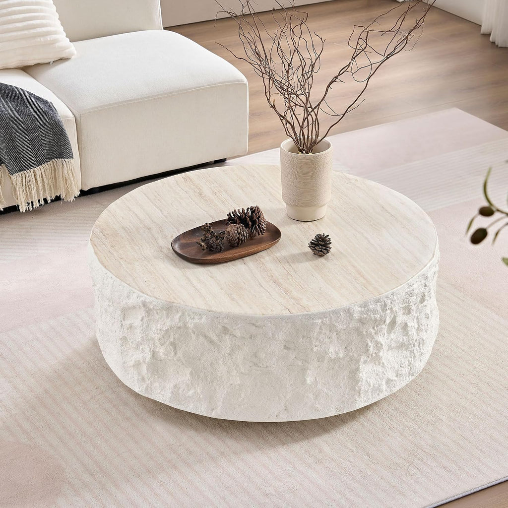 WILLIAMSPACE Round Faux Stone Coffee Table Set of 2 for Living Room, Modern Circle Drum Travertine Center Table Side Tables with Cement Stone Pattern, No Need Assembly, Fiberglass (35.4'' &15.75'')