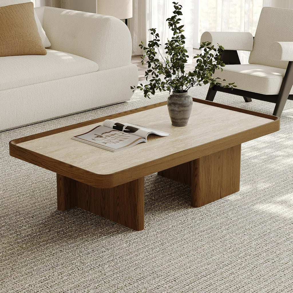 VAFON 51.18'' Square Coffee Table for Living Room, Mid Century Modern Center Tea Table, Sintered Stone Tabletop with Wood Wraps, Wood Base, Minimalist Center Tables, Easy Assembly, Brown