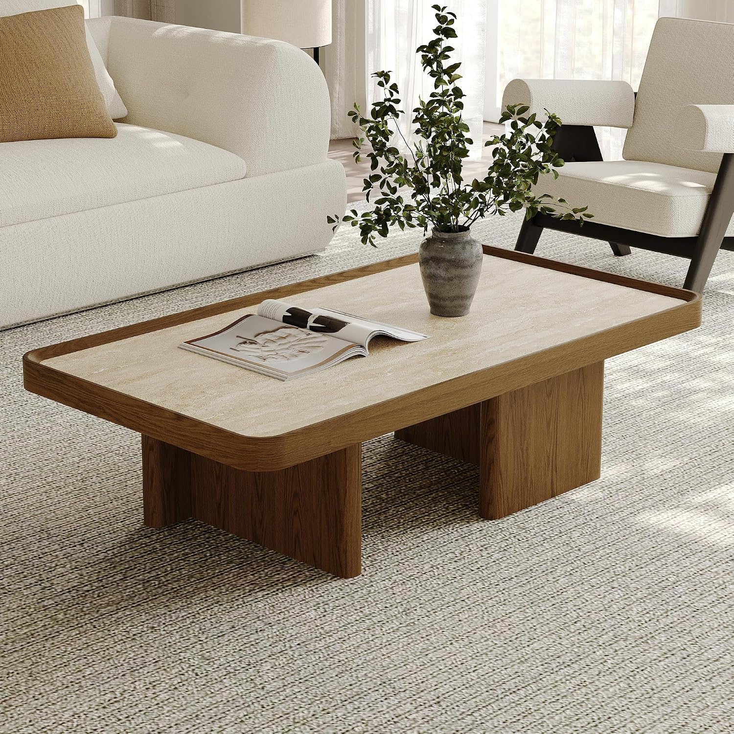 VAFON 51.18'' Square Coffee Table for Living Room, Mid Century Modern Center Tea Table, Sintered Stone Tabletop with Wood Wraps, Wood Base, Minimalist Center Tables, Easy Assembly, Brown