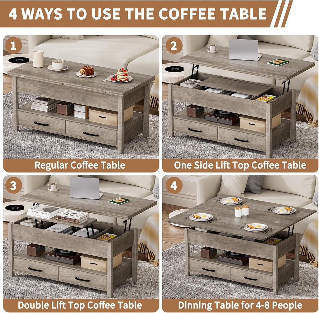 SYESWAY 42'' Lift Top Coffee Table, 4-in-1 Multifunctional Lift Coffee Table with Storage & Hidden Compartments, Farmhouse Coffe Table with Lifting top for Living Room, Dining Reception Room, Grey