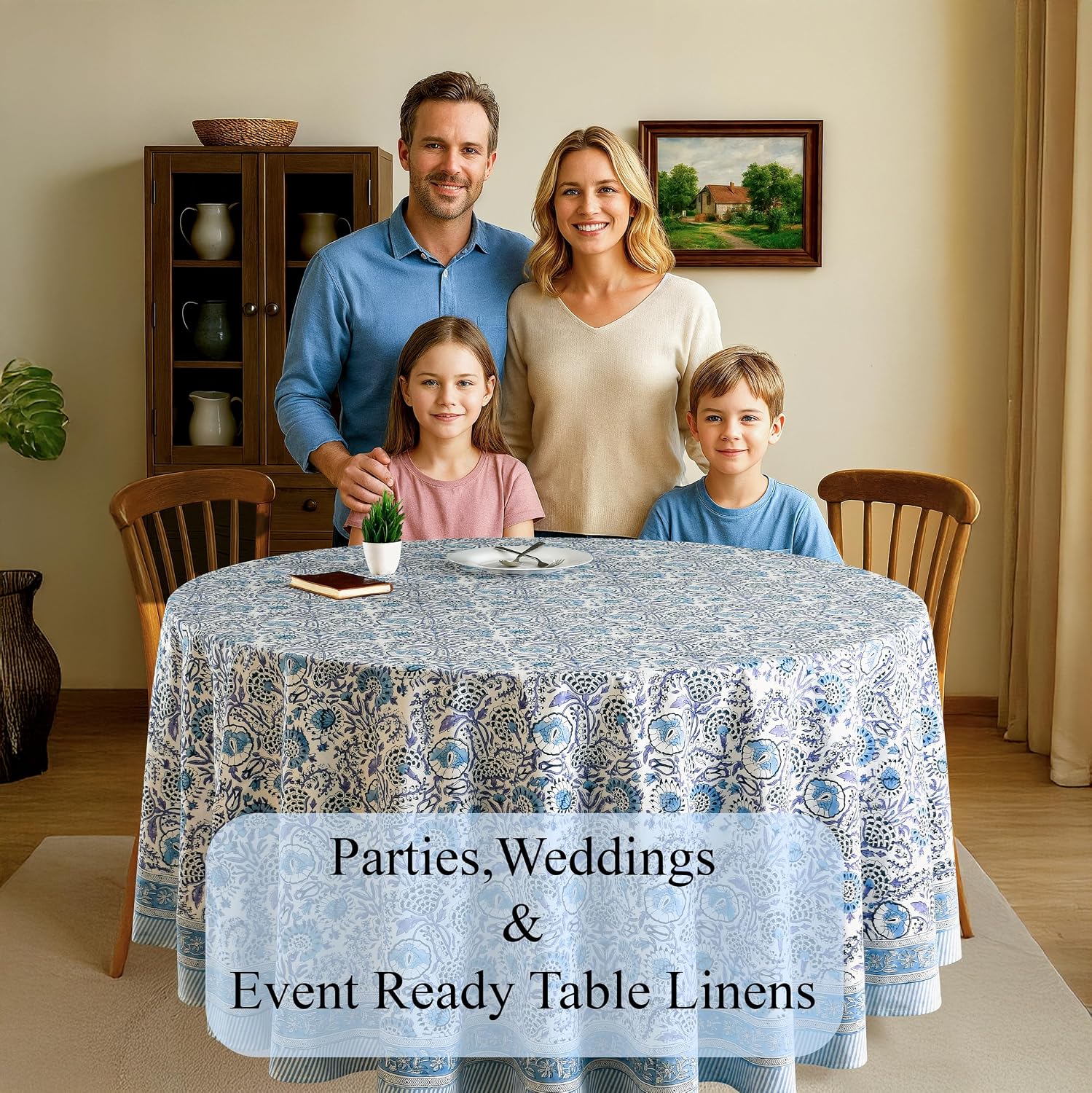 CPC Indigo Blue Block Print Cotton Handmade Round Tablecloth 120 Inch Decorative Table Cover for Home Decor, Dinning, Festive, Wedding, Farmhouse Gift for Spring, Mother's Day