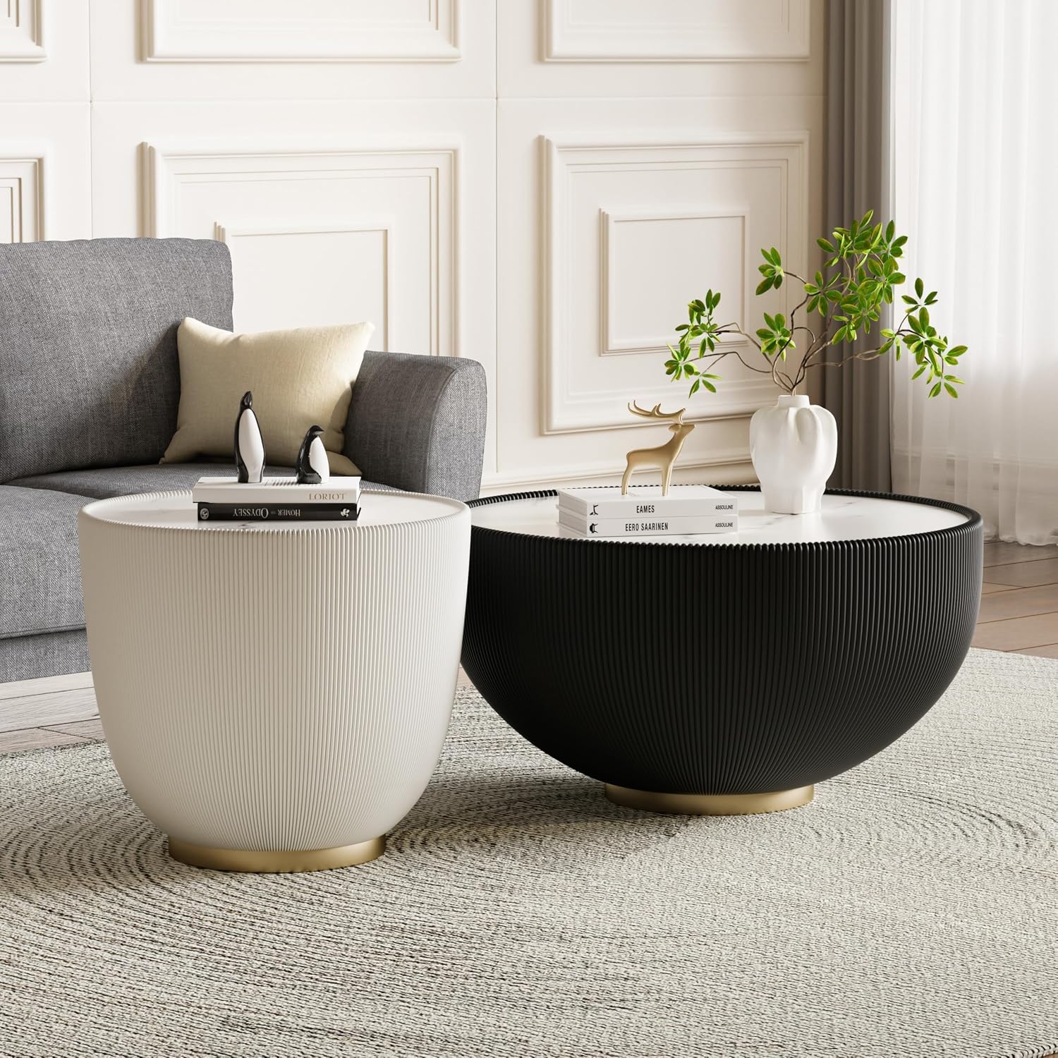 Round Coffee Table Set with Sintered Stone Tabletop, 27.56' Black Drum Center Table and 19.69' White Coffee Table Set, 2 Pieces Living Room Table Set with Fluted PU Leather Cover& Metal Base