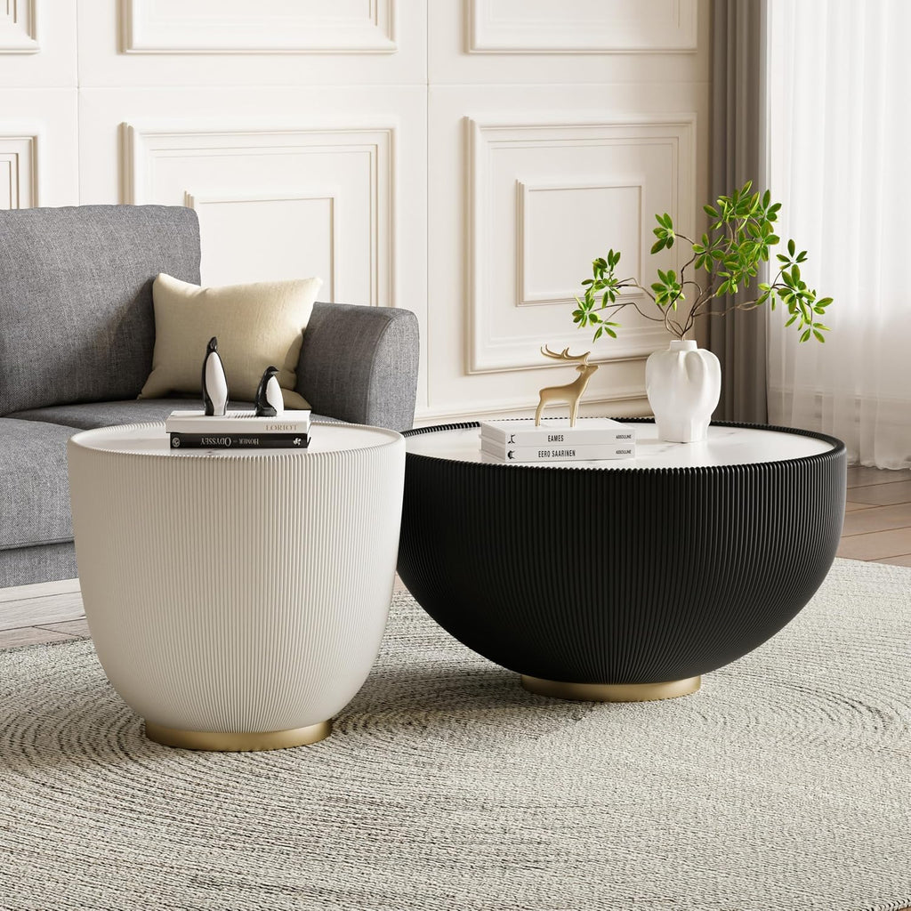 White Round Coffee Table with Sintered Stone Tabletop, 19.69 Drum Coffee Table with Fluted PU Leather Covered and Metal Base, Circle Cocktail Tea Table for Living Room