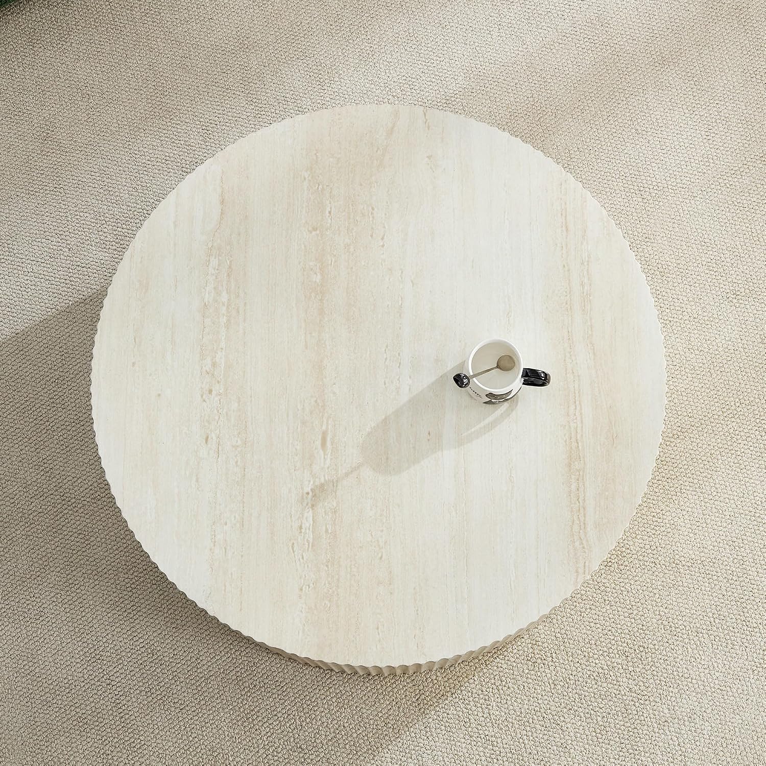 WILLIAMSPACE 35.43' Round Coffee Table with Eye-Catching Relief Design, Modern Luxury Faux Travertine Center Table Accent Side Tea Table for Living Room, No Need Assembly - Beige