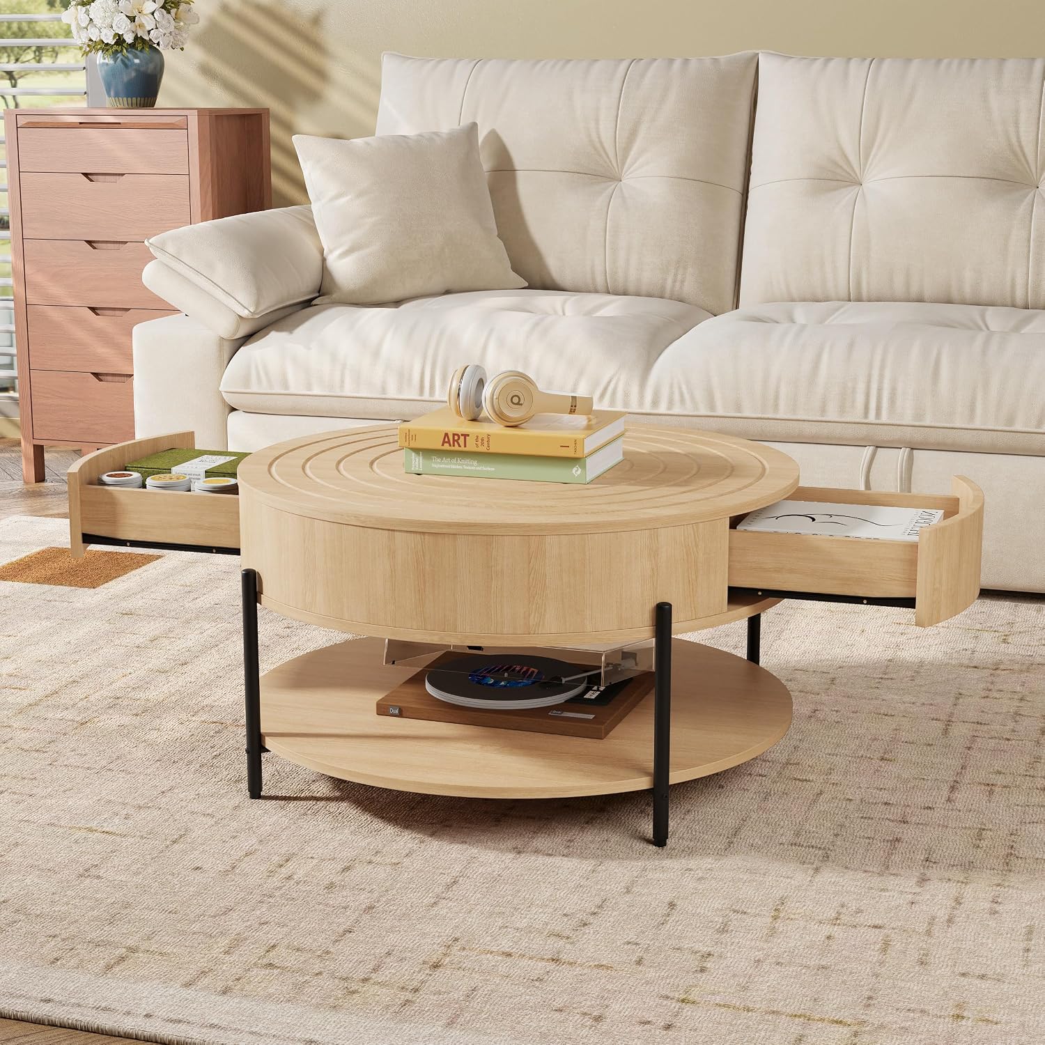 RARZOE 30.5' Round Coffee Table with Storage, Wooden Circle Coffee Table with Drawer, Storage Shelf, Metal Legs，Small Dining Table Accent Center Table for Living Room Home Office Apartment,Natural