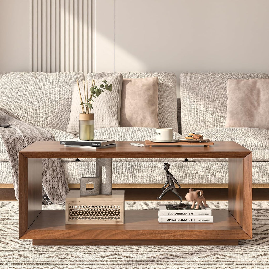 Coffee Table with Storage, Mid Century Modern, Rectangle Cocktail Tea Table, Farmhouse Wood Coffee Table for Living Room, Home Office (Walnut)
