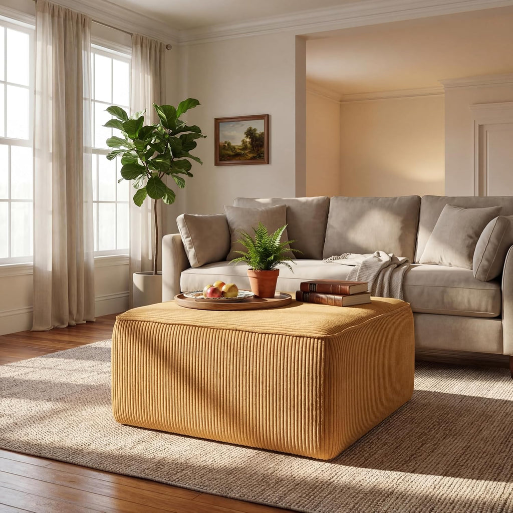 Christopher Knight Home Kyle Corduroy Woven Upholstery Square Ottoman, Living Room Sofa Ottoman with Wood Frame, Comfy Seating Experience with Dense Foam Padding, Non-Marking Foot Caps, Yellow