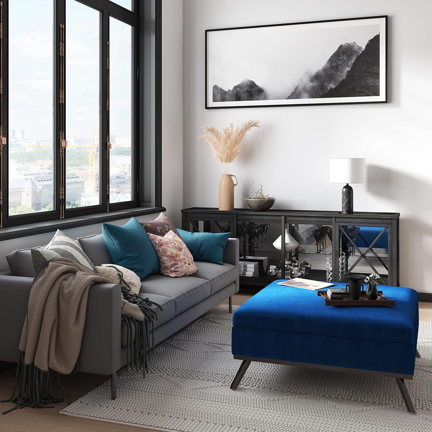 SIMPLIHOME Owen 36 inch Wide Mid Century Modern Square Coffee Table Storage Ottoman in Blue Velvet Fabric, Assembled, for the Living Room, Entryway and Family Room