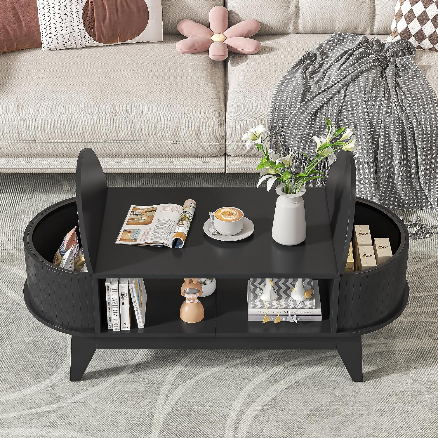 Coffee Table with 2 Hidden Storage,Mid Century Modern Coffee Table with Fluted Finish,Wood Center Tables Oval Coffee Tables with Flip-Top Lids for Living Room Home Office (Black)