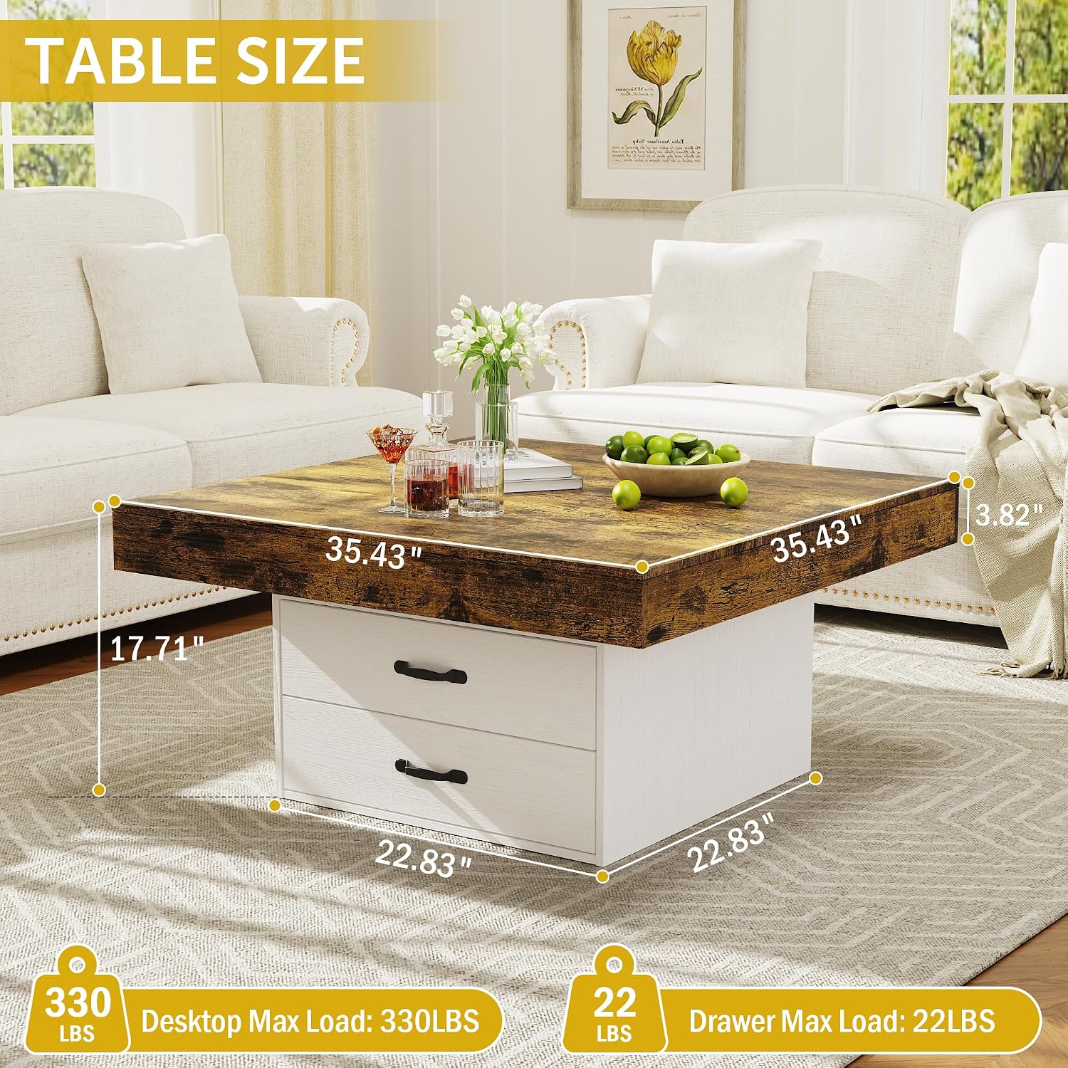 Square Coffee Table with LED Lights, 35.4' Coffee Tables for Living Room, Engineered Wood Modern Center Table with 2 Drawers for Home, Office (White)