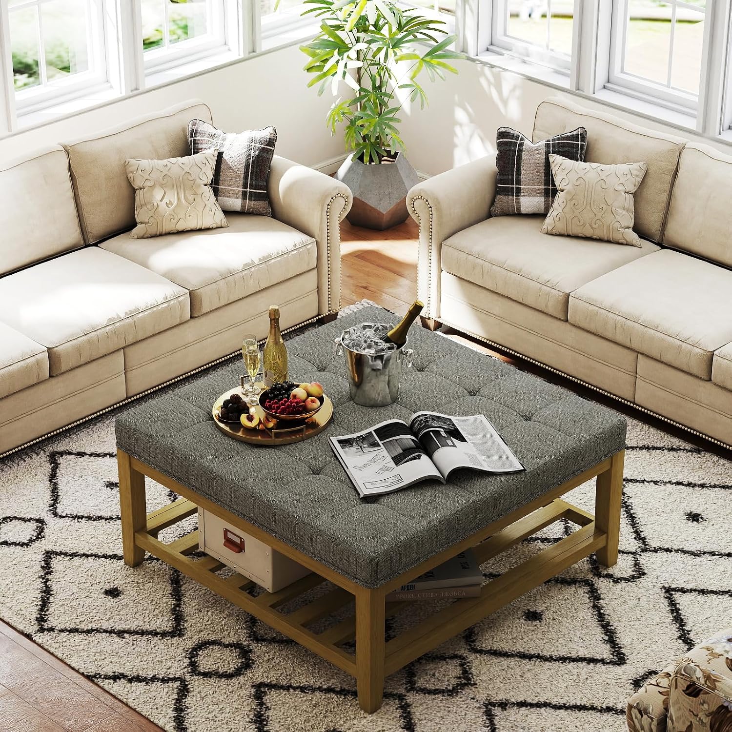 Befurtori Large Square Ottoman Coffee Table, Linen Solid Upholstered Footrest Ottoman with Solid Wood Shelf Storage Tufted Coffee Table for Bedroom Living Room, Granite