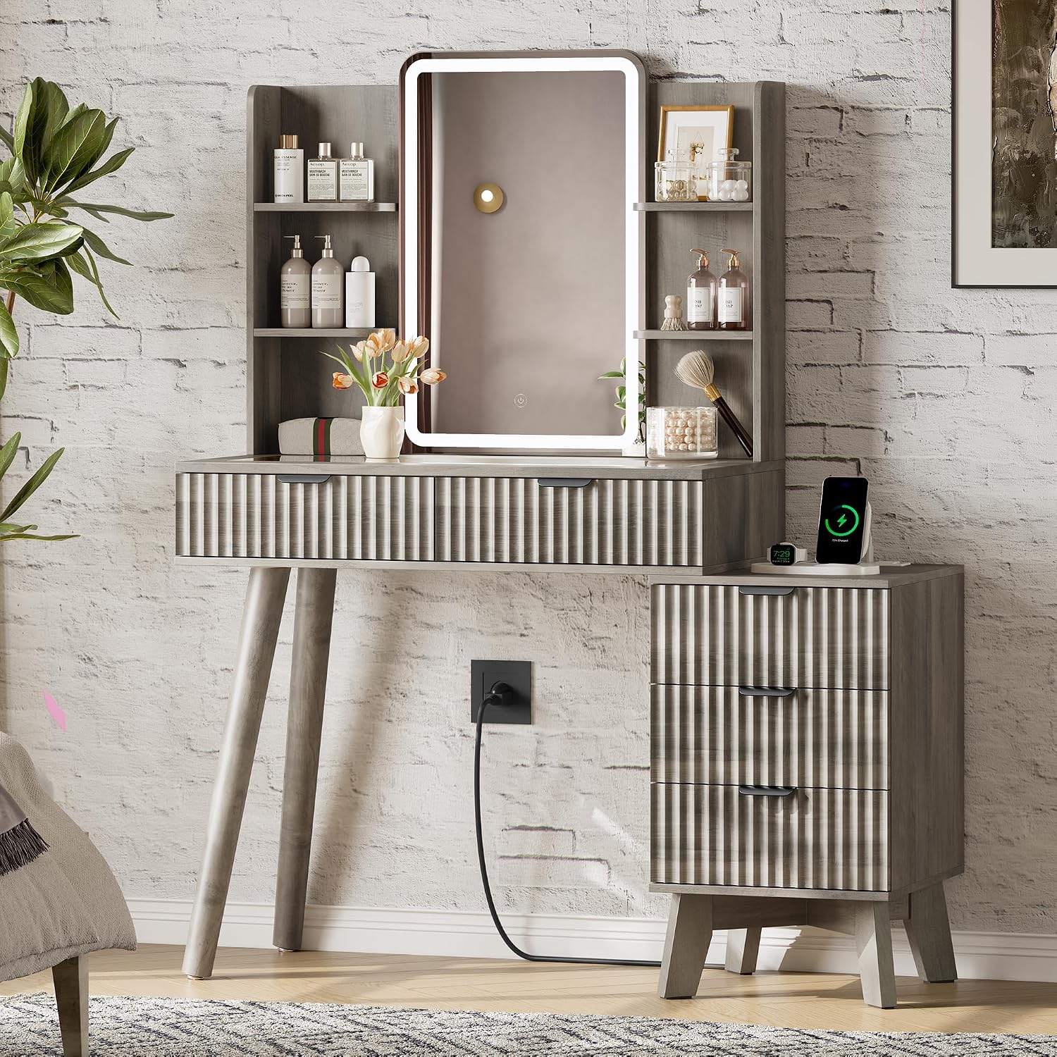Xixini Fluted Vanity Desk with Mirror and Lights, Glass Top Makeup Table Set with 5 Drawers, Power Outlet & Storage Cabinet, Large Dressing Table with RGB Ambient Light for Bedroom Women Girls, Grey
