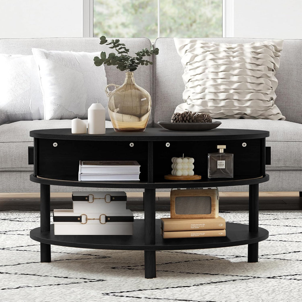 RARZOE 31.5' Round Coffee Table with Storage, Wood Circle Coffee Table with Sliding Cabinet Doors, Fluted Dining Table Accent Center Table for Living Room Home Office Apartment, Black