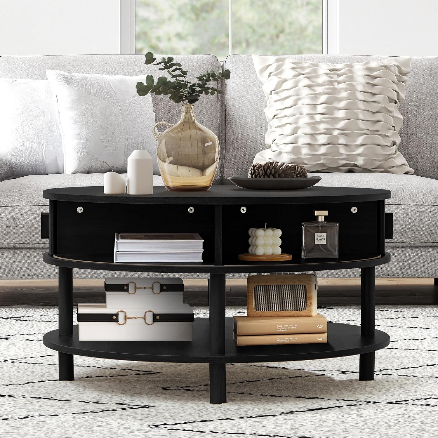 RARZOE 31.5' Round Coffee Table with Storage, Wood Circle Coffee Table with Sliding Cabinet Doors, Fluted Dining Table Accent Center Table for Living Room Home Office Apartment, Black