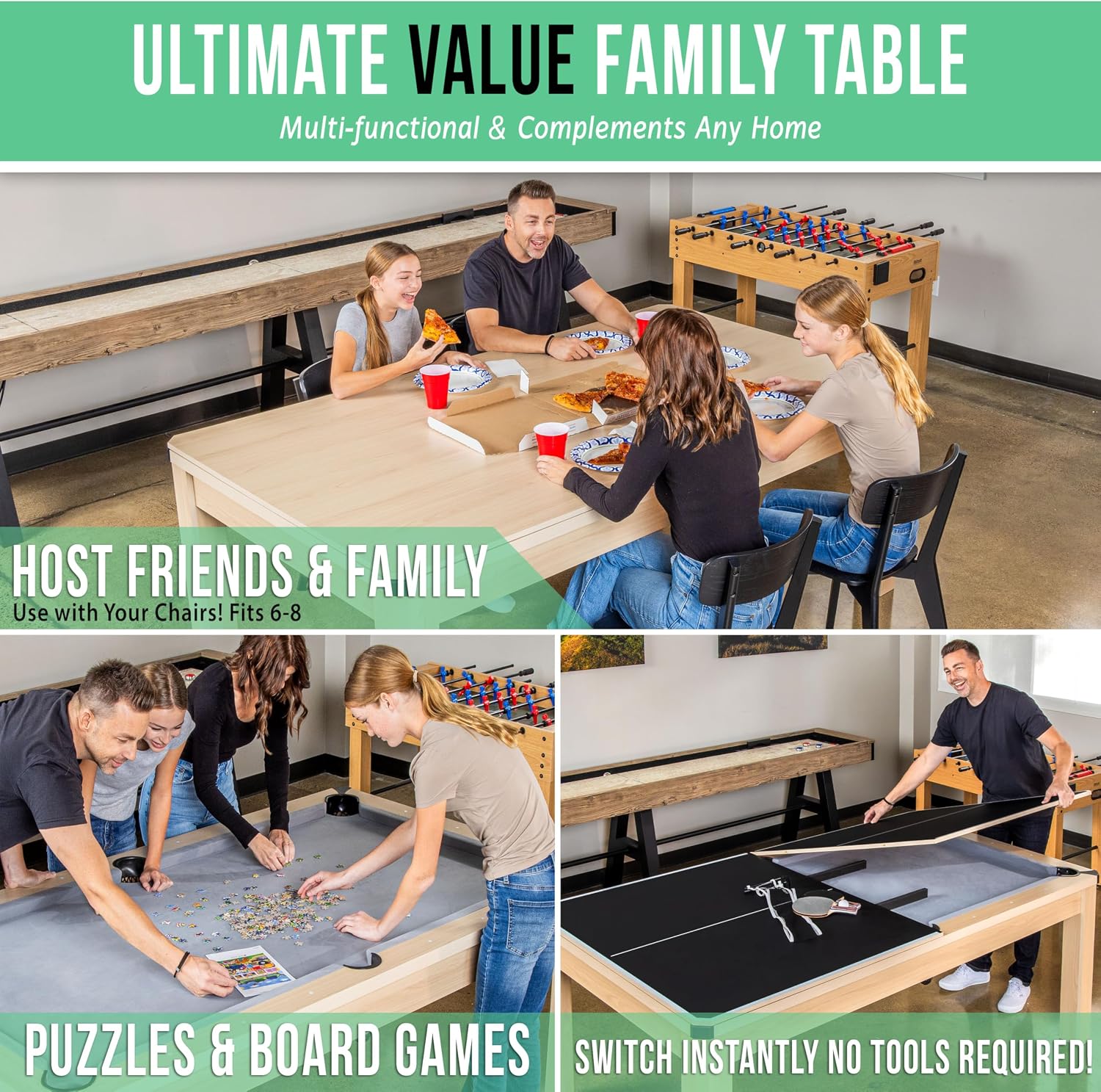 GoSports 3 in 1 Pool, Dining, & Table Tennis Combo Table and Storage Benches - 7 ft or 8 ft - Convertible Billiards and Table Tennis with Accessories