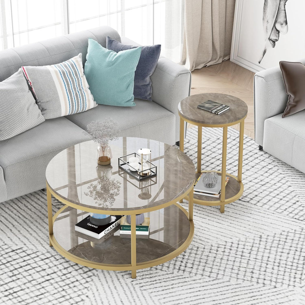 WiberWi Round Side Table Set of 2, Modern Nightstand End Table with Gold Metal Frame &Faux Marble Top, Accent Bedside Table for Living Room Bedroom Small Spaces with Storage Open Shelf, Grey