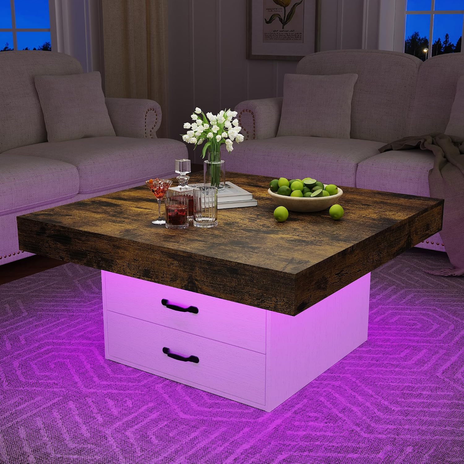 Square Coffee Table with LED Lights, 35.4' Coffee Tables for Living Room, Engineered Wood Modern Center Table with 2 Drawers for Home, Office (White)