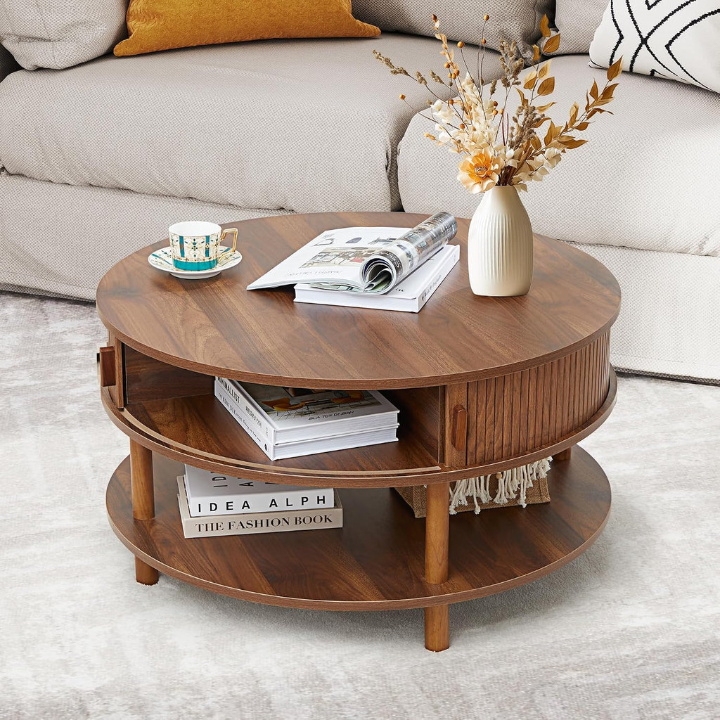 RARZOE 31.5' Round Coffee Table with Storage, Wood Circle Coffee Table with Sliding Cabinet Doors, Fluted Dining Table Accent Center Table for Living Room Home Office Apartment, Walnut