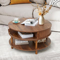 RARZOE 31.5' Round Coffee Table with Storage, Wood Circle Coffee Table with Sliding Cabinet Doors, Fluted Dining Table Accent Center Table for Living Room Home Office Apartment, Walnut