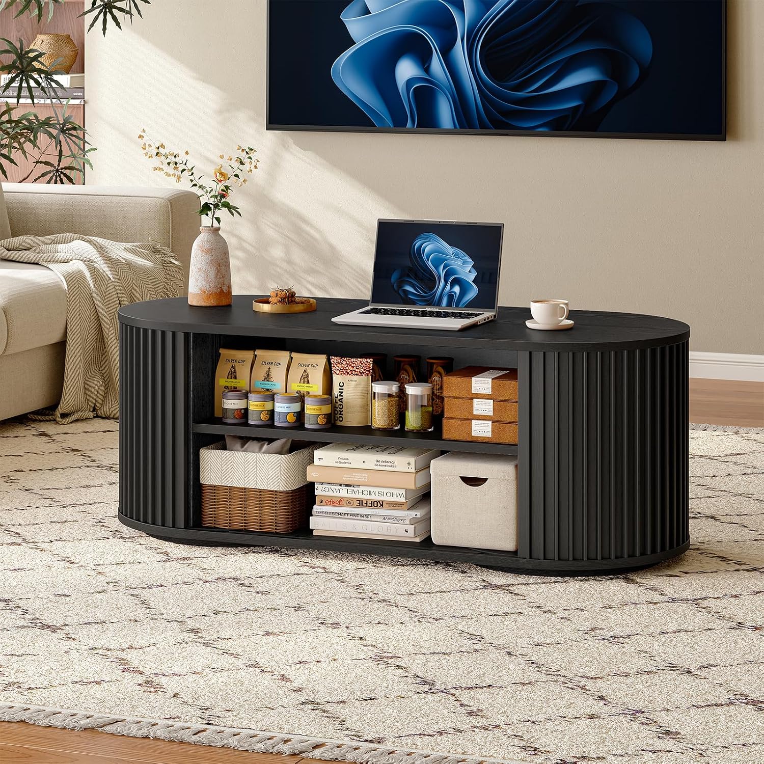 ONBRILL 47' Multi-Functional Coffee Table with Storage, Oval Coffee Table with Vertical Striped Sliding Door & Round Base, Mid-Century Modern Center Table with Adjustable Shelf for Living Room, Black