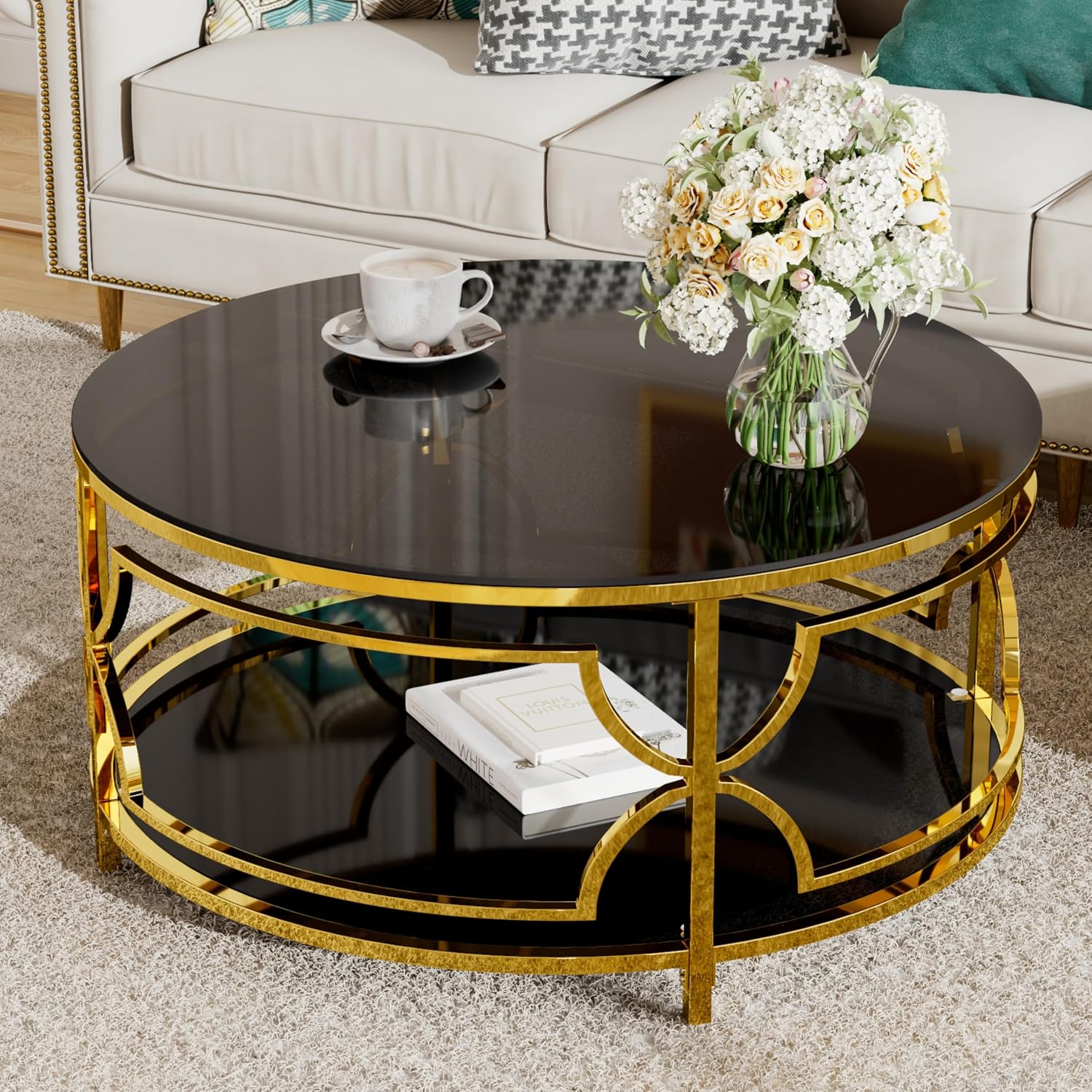 Merax 30.7' Round Tempered Glass Coffee Table, Luxurious Gold Geometric Metal Frame Side Table with Lower Storage Shelf, Modern Accent End Tables for Living Room, Bedroom, Apartment, Office, Black