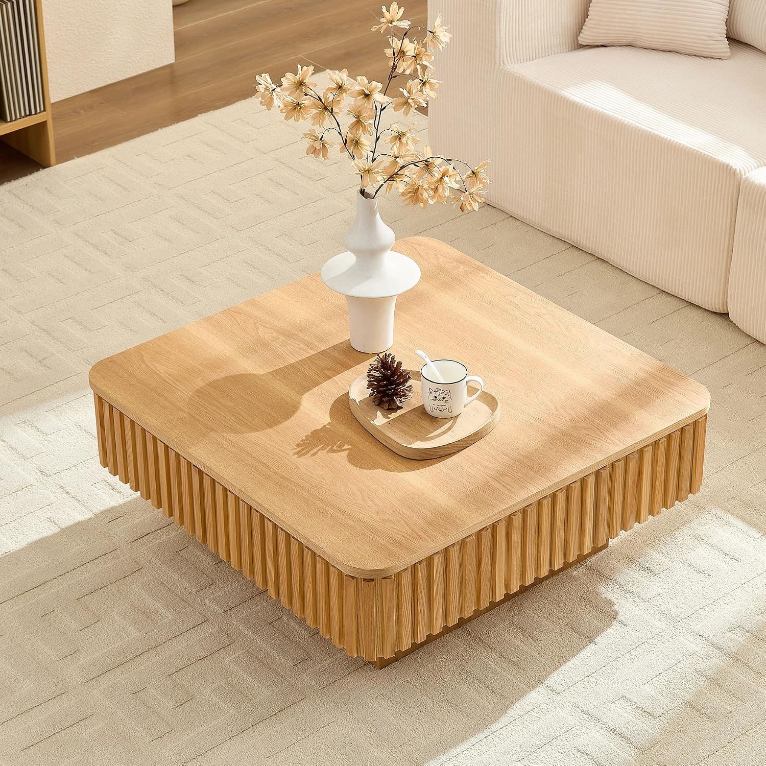 Lift Top Coffee Table Modern Handcraft Drum Coffee Table Table with Hidden Storage Space, Square Center Table for Living Room Apartment, Oak