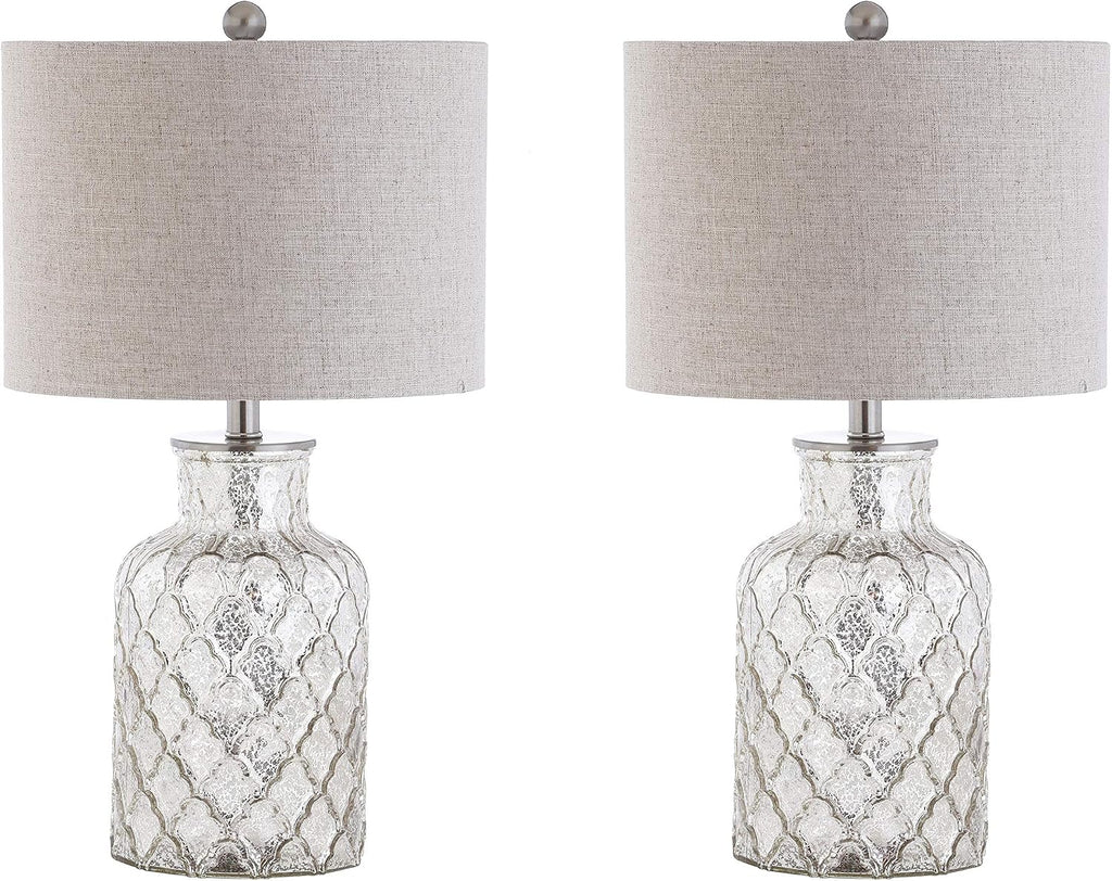 JONATHAN Y 24.5' Alvord Mercury Silver Quatrefoil Glass Table Lamp Set of 2, Contemporary Nightstand Lamps with Grey Linen Drum Shade, UL Listed, LED Bulbs Included JYL1075A-SET2
