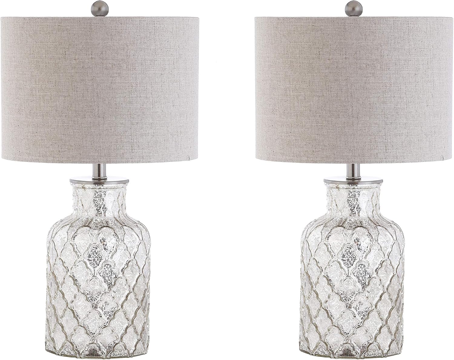 JONATHAN Y 24.5' Alvord Mercury Silver Quatrefoil Glass Table Lamp Set of 2, Contemporary Nightstand Lamps with Grey Linen Drum Shade, UL Listed, LED Bulbs Included JYL1075A-SET2