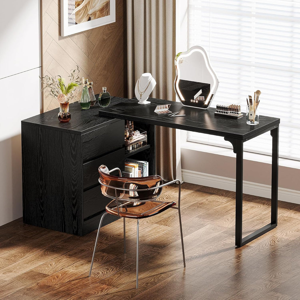 Tribesigns Vanity Desk with 3 Drawers and 2 Shelves, Small Makeup Vanity Table with Reversible Storage Cabinet, Modern Corner Dressing Table for Bedroom, Makeup Room (Without Mirror) (Black)