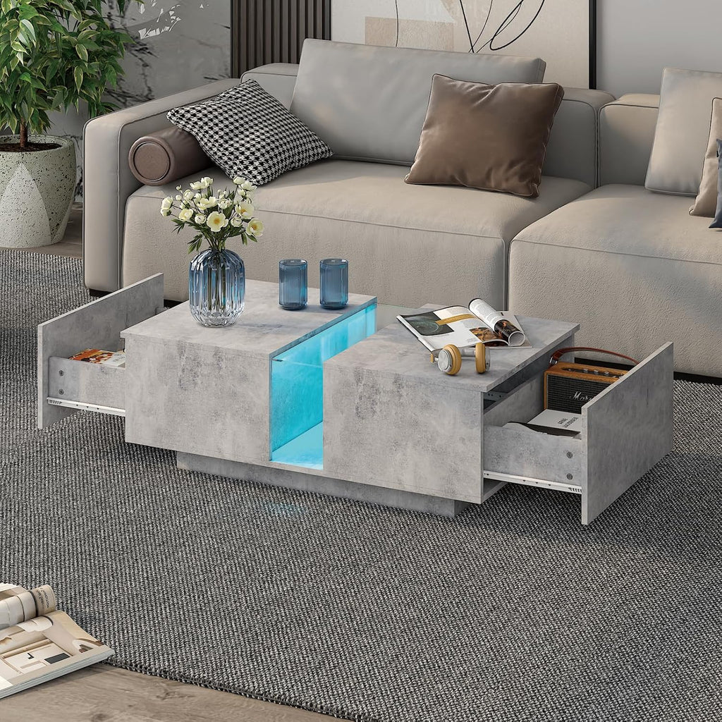 HedoAjim Grey Led Coffee Table for Living Room, Rectangular Living Room Table with Storage, Acrylic Coffee Tables with 2 Sliding Drawers, Wood Center Table for Reception Dinning Room