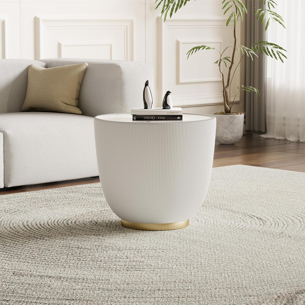 Round Coffee Table Set with Sintered Stone Tabletop, 27.56' White Drum Center Table and 19.69' White Coffee Table Set, 2 Pieces Living Room Table Set with Fluted PU Leather Cover& Metal Base