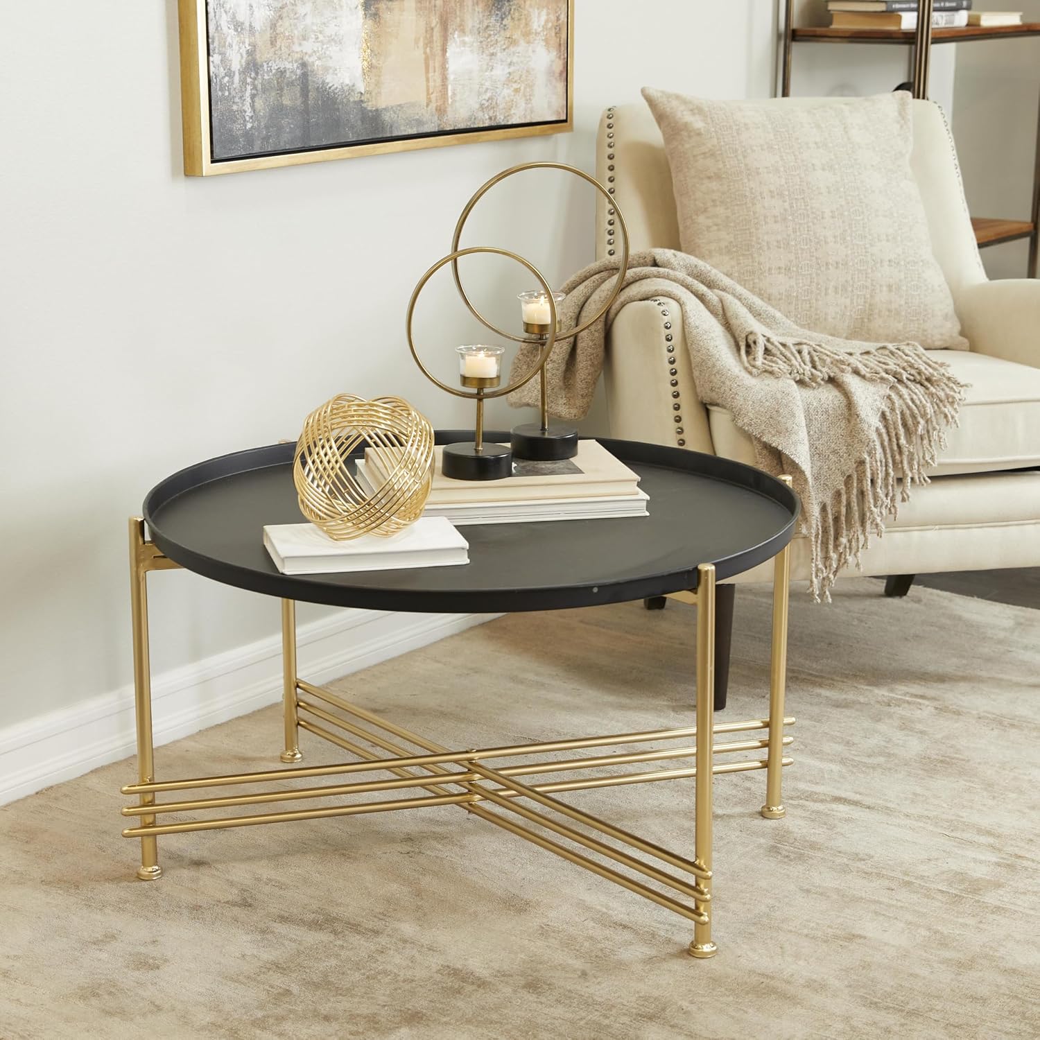 Deco 79 Metal Living Room Coffee Table Tray Top Table with Gold X-Shaped Base, Center Table 33' x 33' x 19', Black