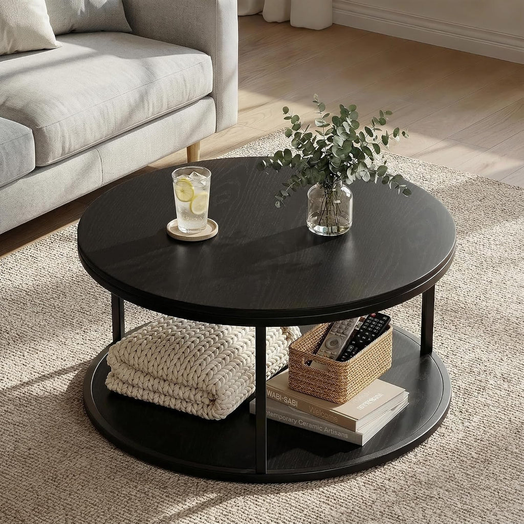 YESHOMY 36' Round Coffee Table, 2-Tier Wood Center Table with Storage Shelf, Heavy-Duty Metal Frame, Easy Assembly, Ideal for Living Room & Small Spaces, Black