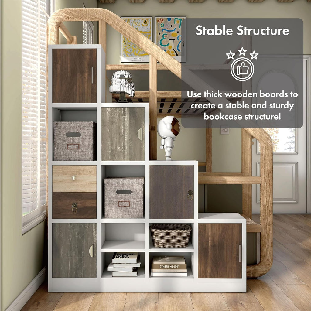 HOMES: Inside + Out Catrina Modern 10-Cube Storage Bookcase with Drawer, L Shaped Ladder Corner Staircase Display Shelves, 4-Tier Organizer Shelf for Living Room , Bedroom, Office, Apartment, White