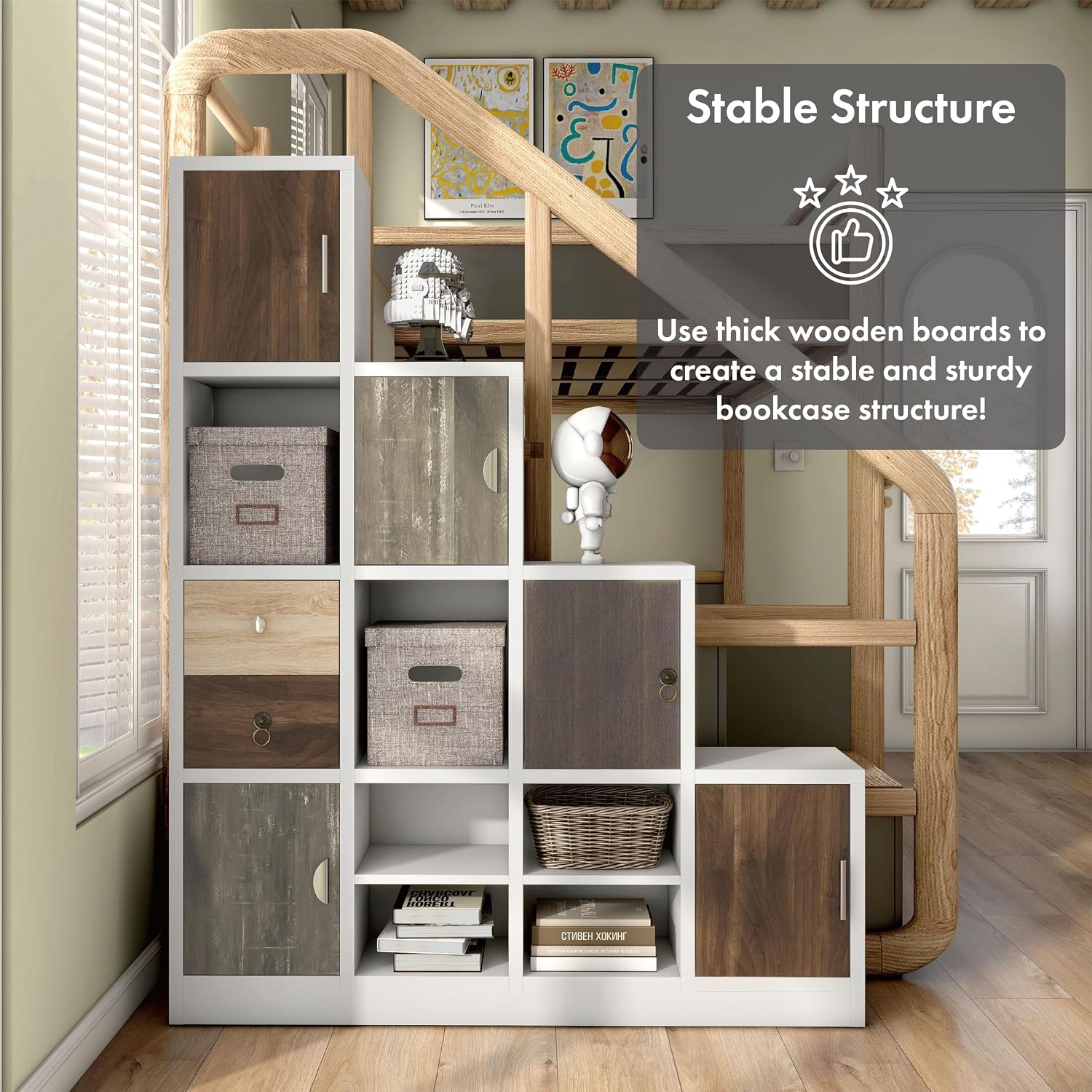 HOMES: Inside + Out Catrina Modern 10-Cube Storage Bookcase with Drawer, L Shaped Ladder Corner Staircase Display Shelves, 4-Tier Organizer Shelf for Living Room , Bedroom, Office, Apartment, White