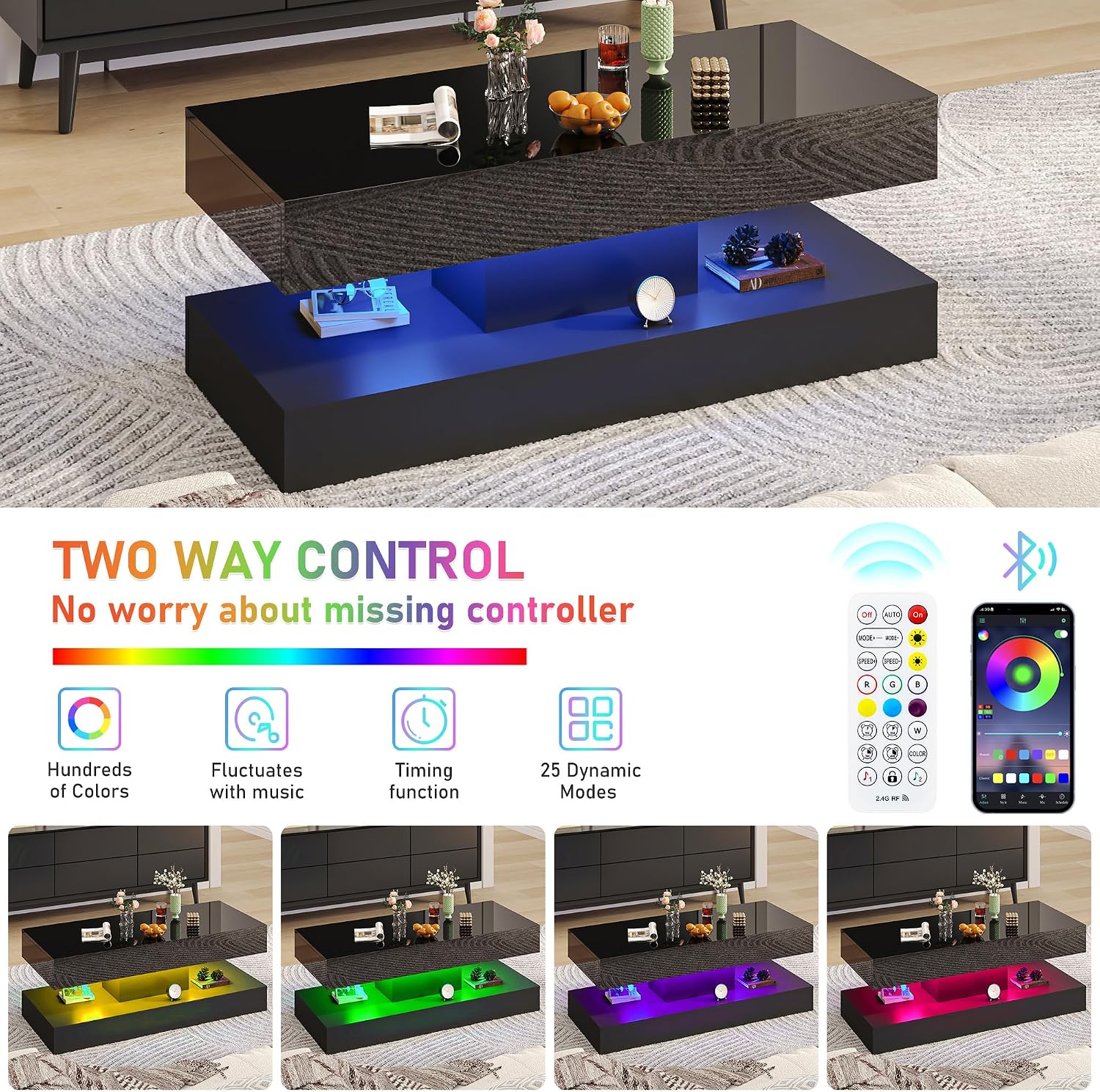 47.2' Modern High Glossy LED Coffee Table with 2 Sliding Storage Drawers, Black Living Room Tables for Living Rooms,Dining Room,Bedroom Home Office,APP LED Lights(Black)
