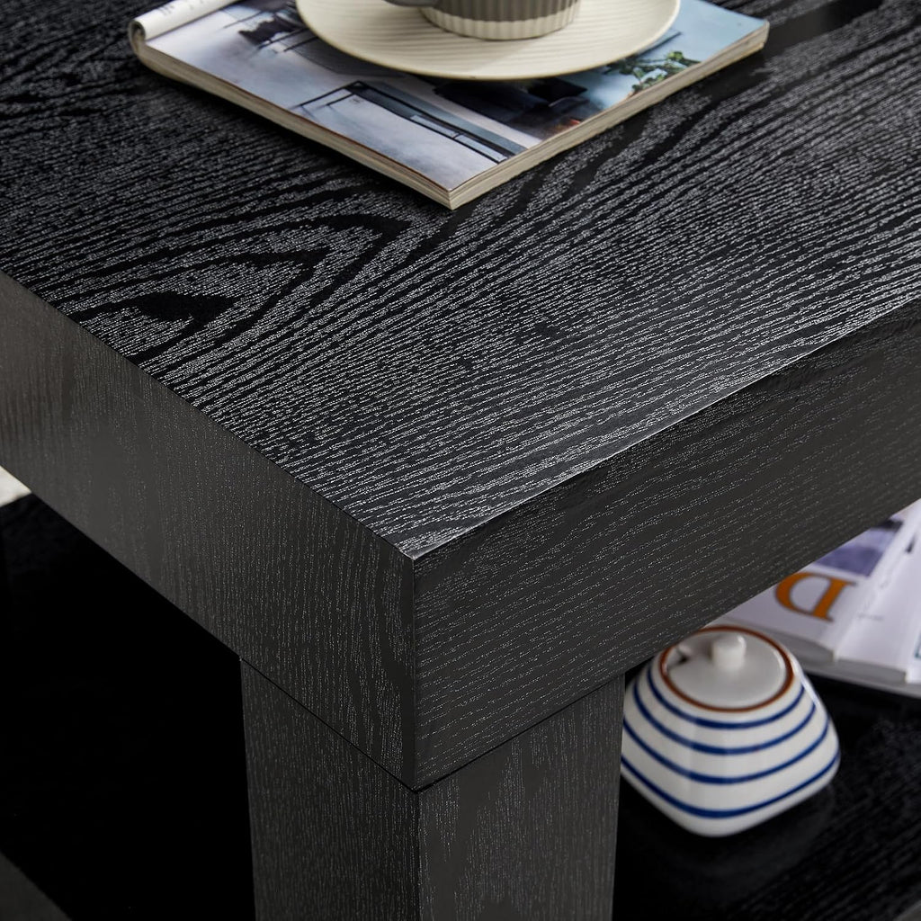 39.4' Black Coffee Table with Storage, 2-Tier Wood Coffee Table with 4' Thick Tabletop, Mid Century Modern Cocktail Center Tea Tables with Bottom Shelf for Living Room, Office, Apartment