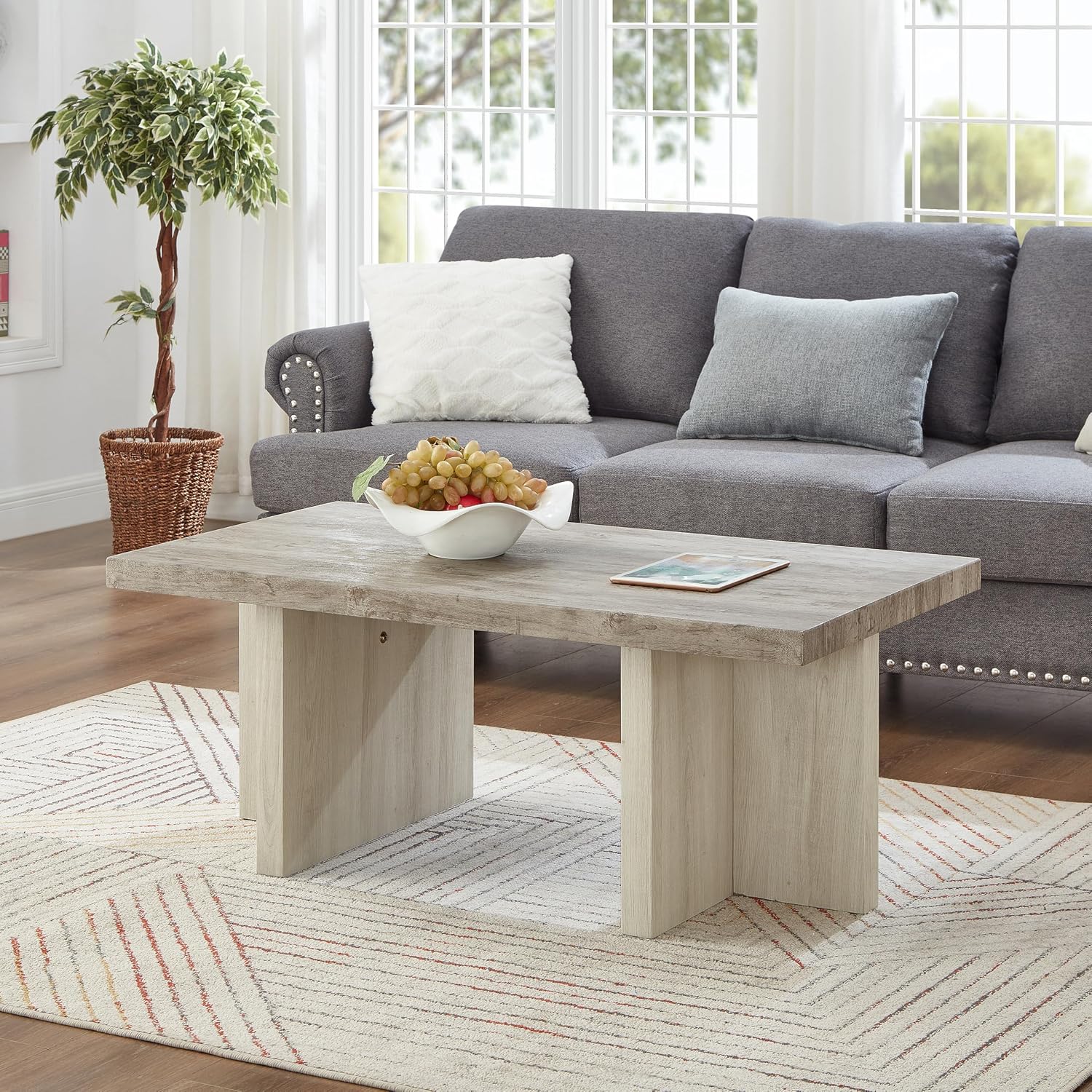 Roundhill Furniture Mchome 3-Piece Coffee Table Set, Coffee Table and Two End Tables, Weathered Gray and Beige