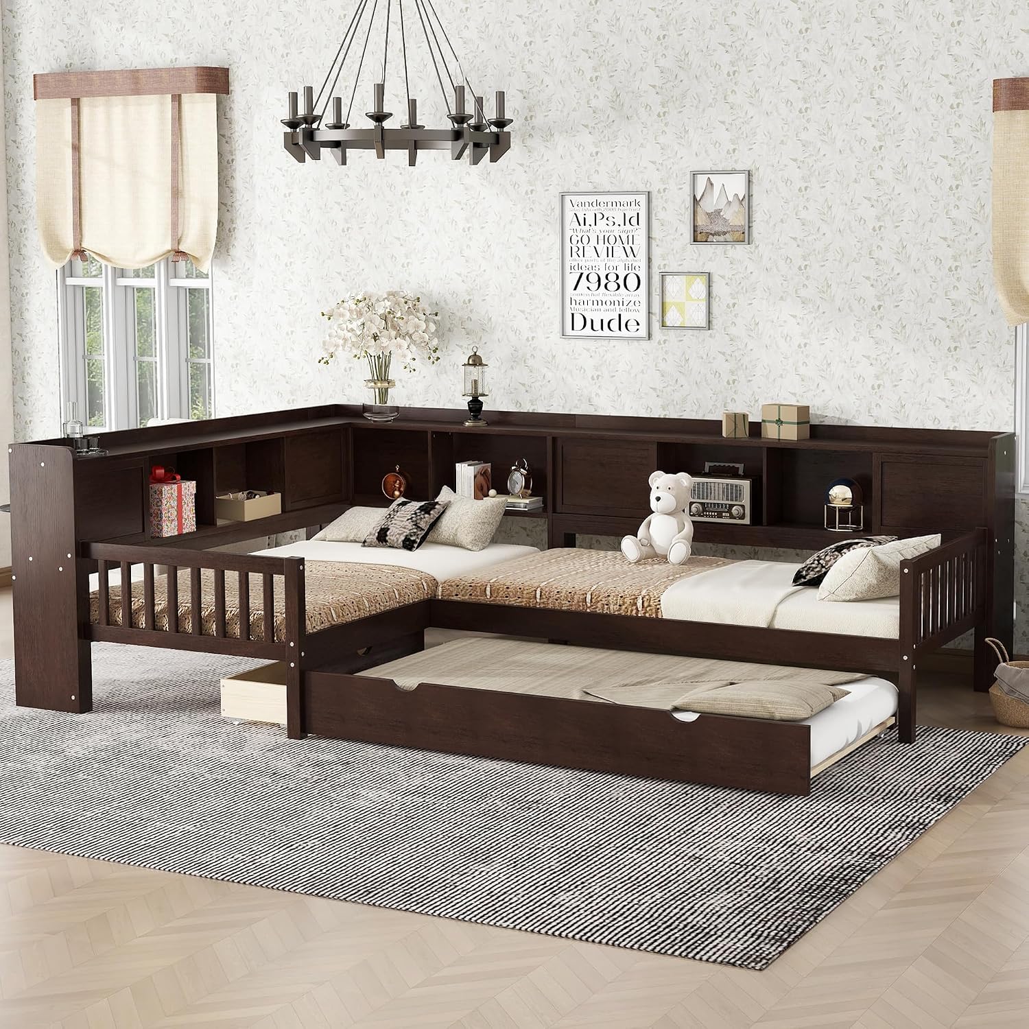 Double Twin Size Daybed with Trundle and Drawers, L Shaped Corner Bed with Storage Drawers and Shelves for Living Room, Bedroom, Espresso