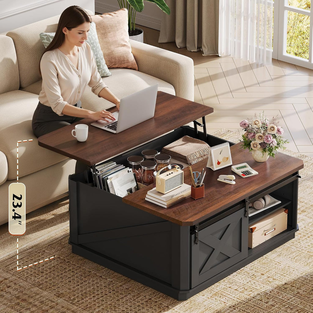 WLIVE Farmhouse Coffee Table with Storage, 35.5' Lift Top Coffee Table for Living Room, Square Center Table, Rustic Cocktail Table with Sliding Barn Doors, Curevd Base, Black