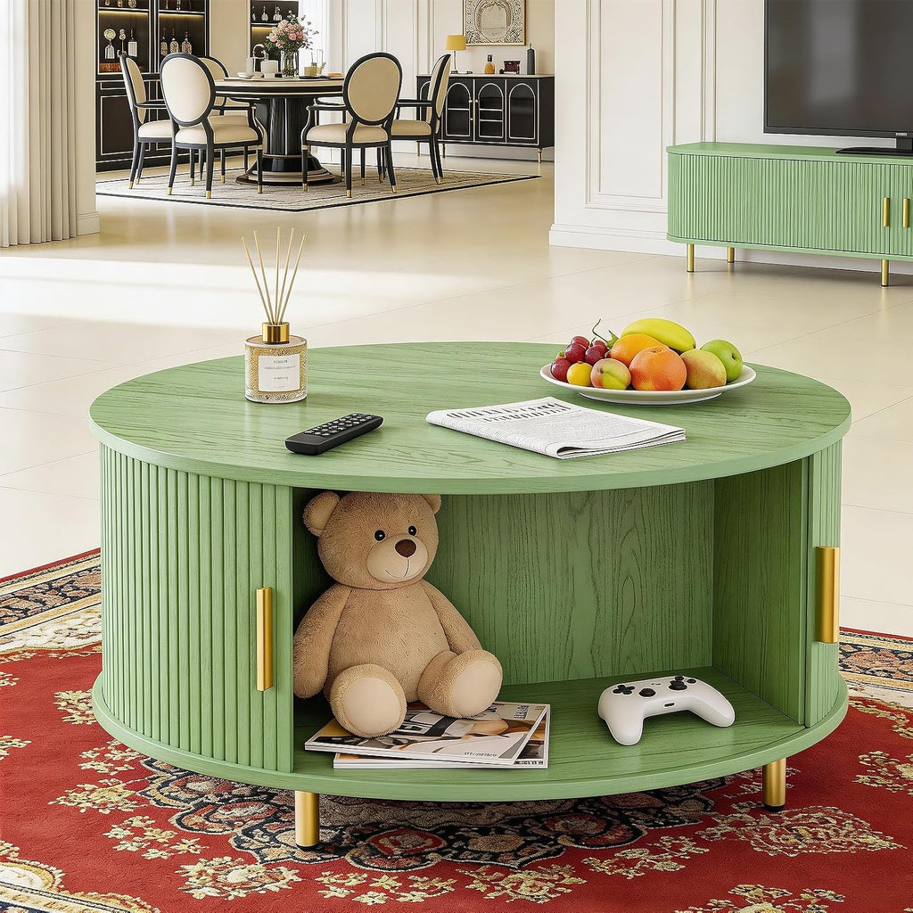 DHH Round Coffee Table, 31.5' Mid Century Modern Coffee Table with 360° Sliding Tambour Door, Fluted Accent Table with Storage Adjustable Footpads for Living Room (Green)