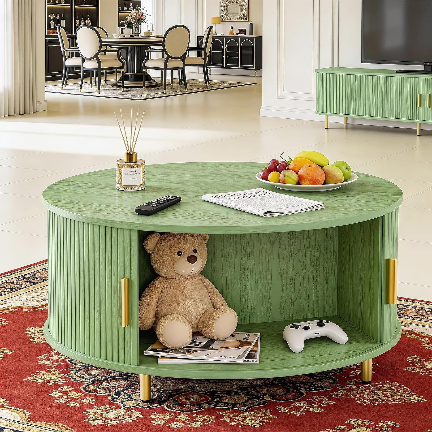 DHH Round Coffee Table, 31.5' Mid Century Modern Coffee Table with 360° Sliding Tambour Door, Fluted Accent Table with Storage Adjustable Footpads for Living Room (Green)