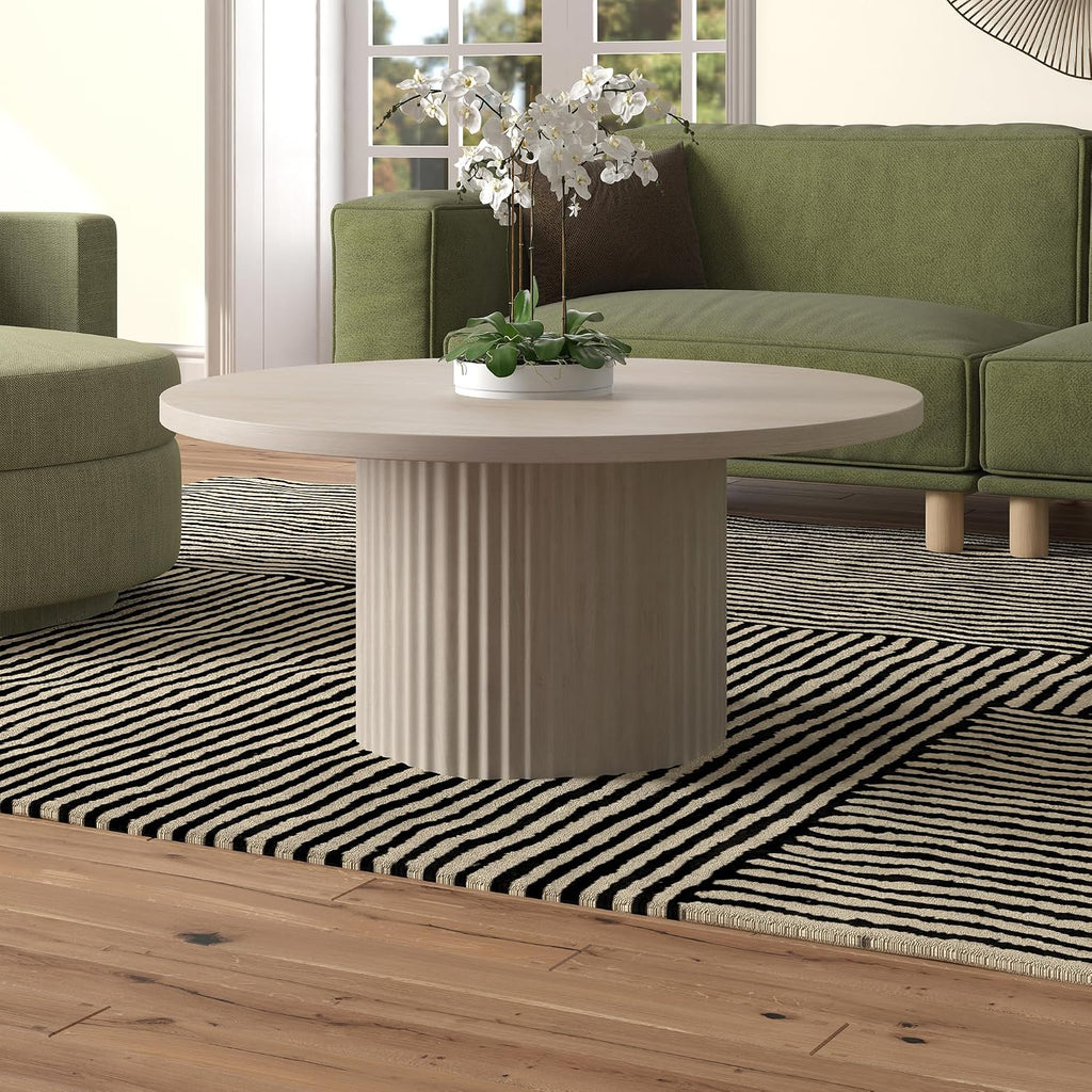 Henn&Hart 32' Fluted Round Wooden Pedestal Low-Profile Coffee Table with Ribbed Pedestal Base for Living Room, Family Room, Office, or Apartment, Beech White