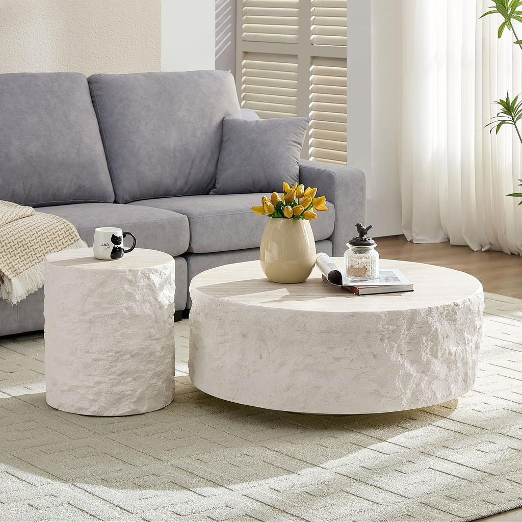 WILLIAMSPACE Round Faux Stone Coffee Table Set of 2 for Living Room, Modern Circle Drum Travertine Center Table Side Tables with Cement Stone Pattern, No Need Assembly, Fiberglass (35.4'' &15.75'')
