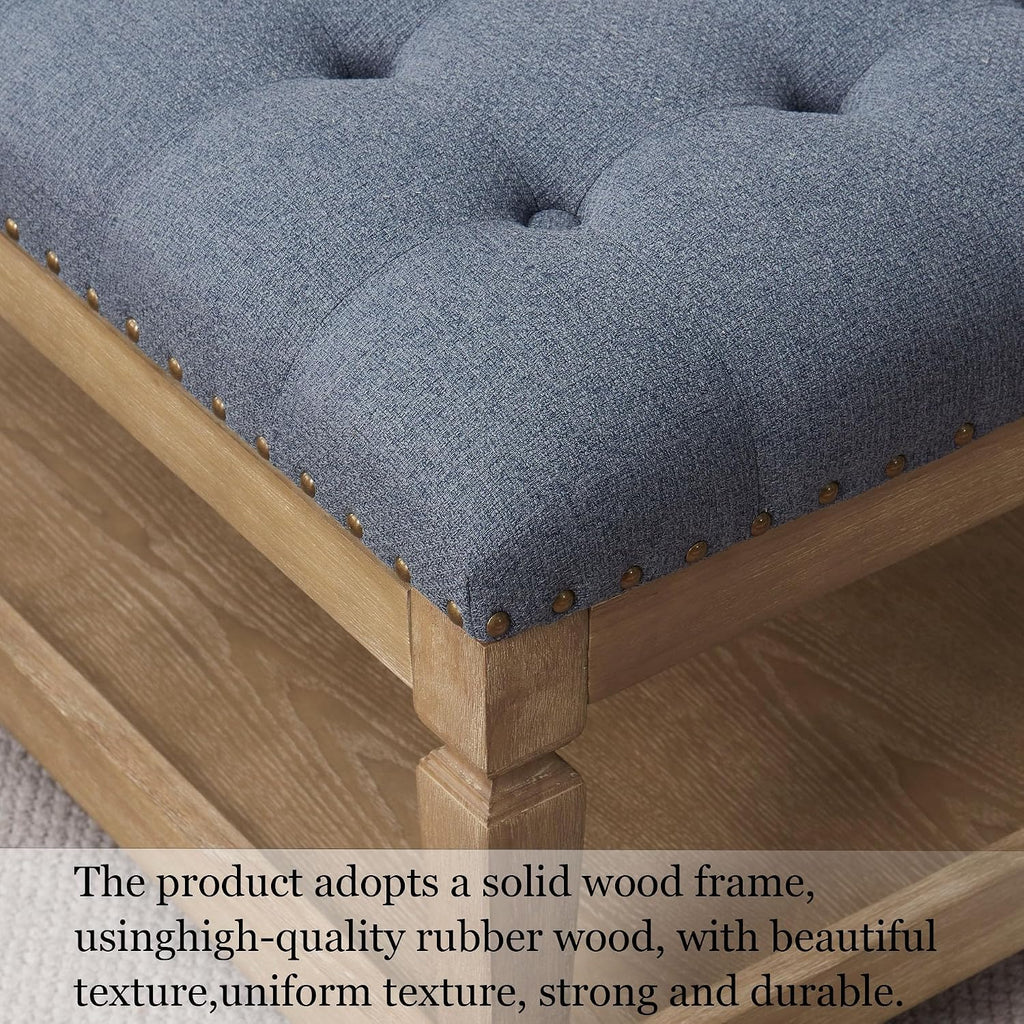 Ottoman Coffee Table,Square Wooden Upholstered Tufted Ottoman Foot Rest with Storage, Padded Linen Coffee Tables for Farmhouse Lliving Room (Blue)