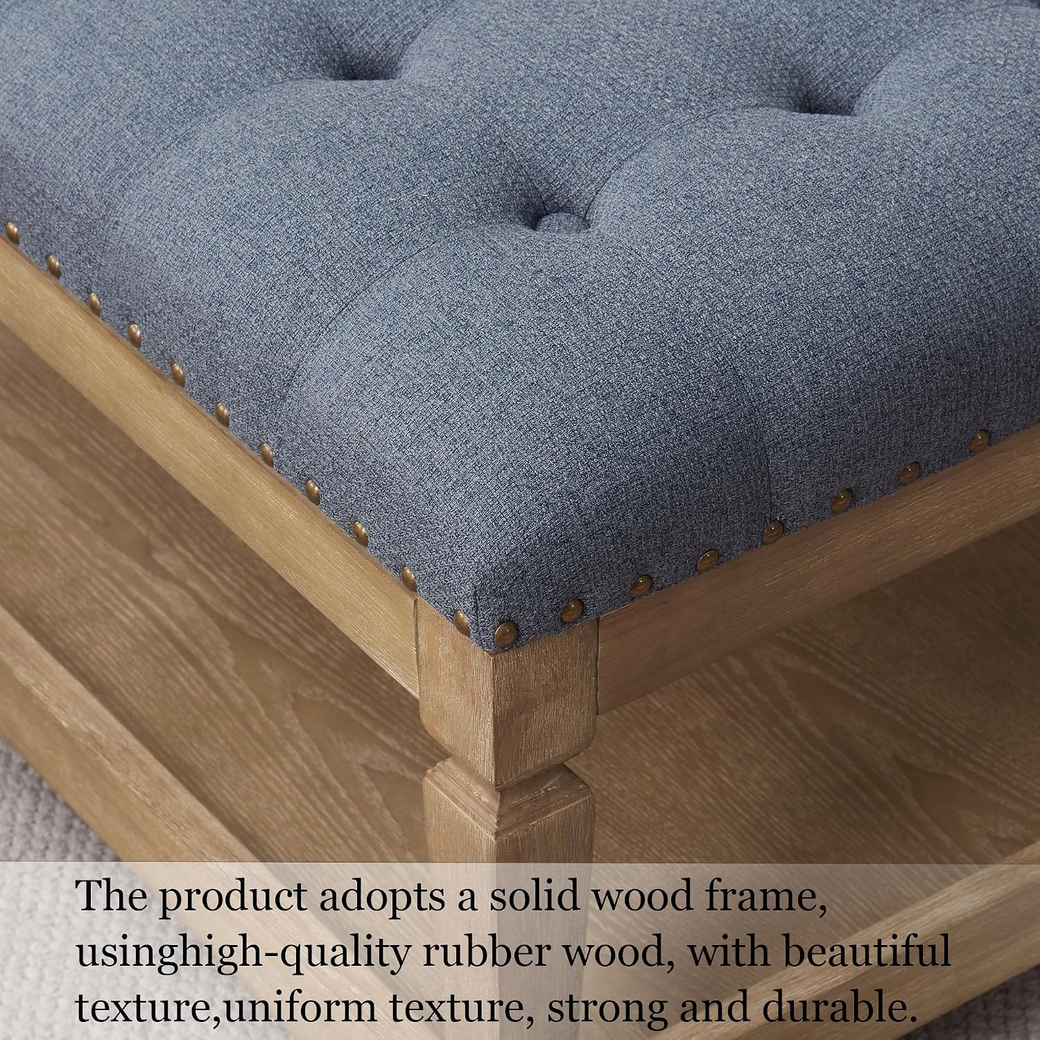 Ottoman Coffee Table,Square Wooden Upholstered Tufted Ottoman Foot Rest with Storage, Padded Linen Coffee Tables for Farmhouse Lliving Room (Blue)