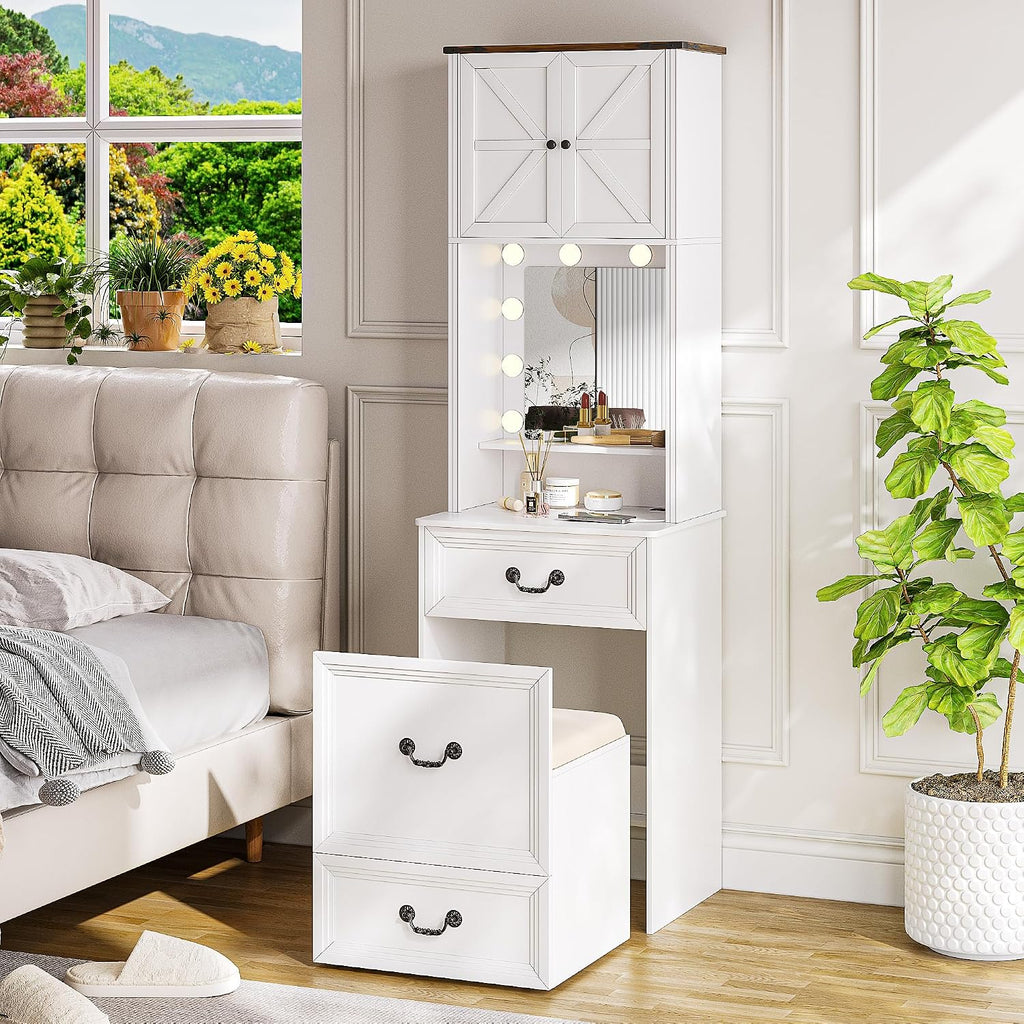 Compact Vanity with Mirror and Lights, Makeup Vanity Desk w/Storage Drawers & Shelves, Farmhouse Vanity Table with Hidden Chair for Bedroom, Dressing Table Gift for Girls Lady